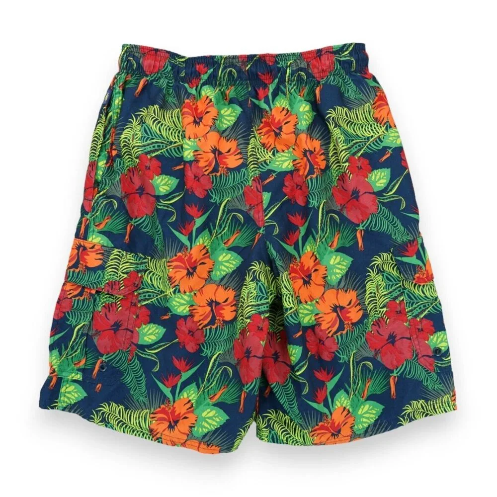 Rugby University Board Shorts‎ Swim Trunks Small Blue Floral Pockets Mesh Lining